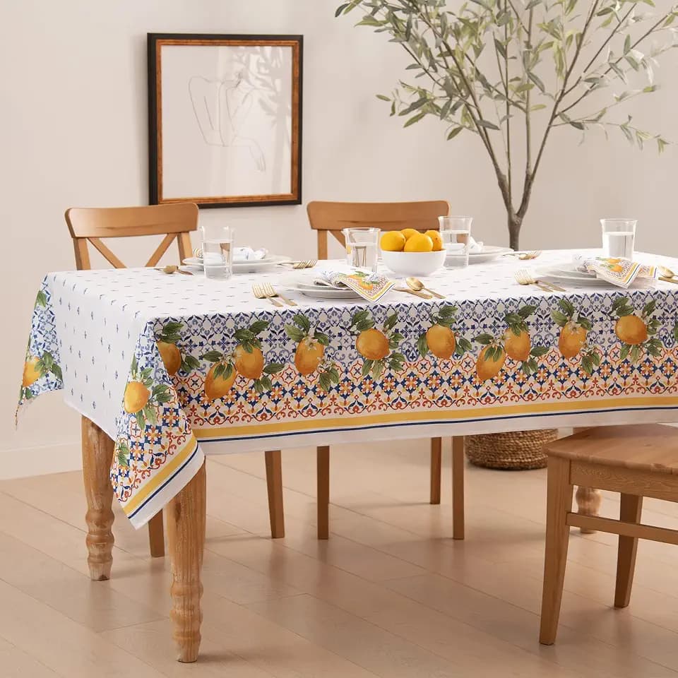 Threadmade Capri Lemon Double Border Tablecloth, Multicolor - 60"W x 120"L