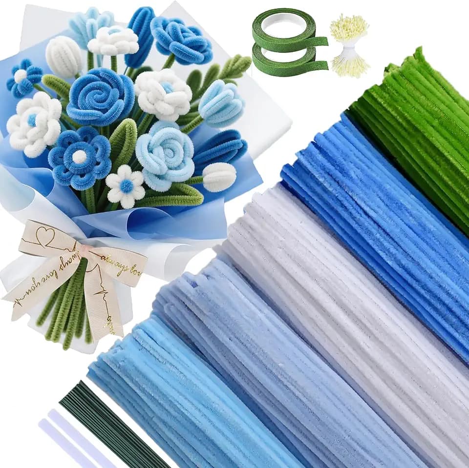 500 Stück Pfeifenputzer zum Basteln - 5 Farben Pfeifenreiniger Blumen Set mit Grünem Blumendraht & Klebeband, Ideal für Blumenstrauß DIY, Kindergarten Bastelstunden & Weihnachtsdekoration. (Blau)