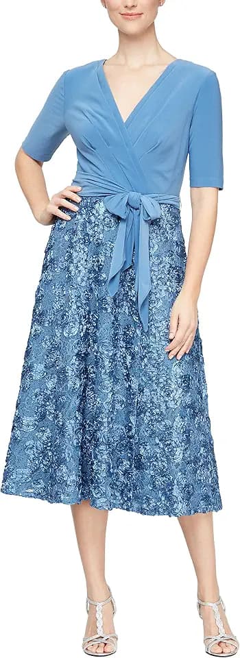 Alex Evenings Women's Tea Length Dress with Rosette Detail