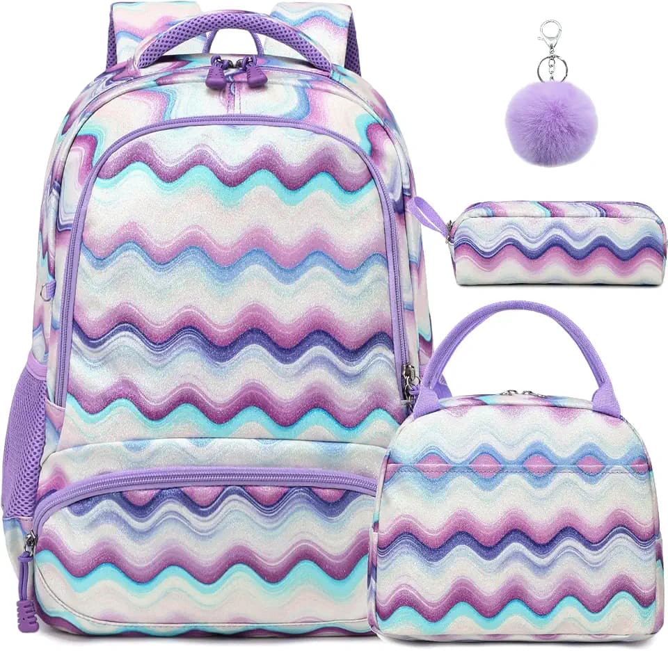 Kimwadalh 3 in 1 Girls Backpack Set with Lunch Box & Pencil Case for School