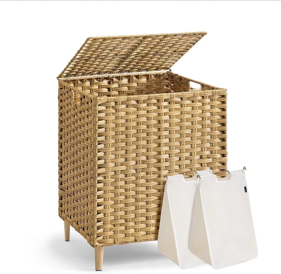 SONGMICS 2-Section Laundry Hamper with Lid, PE Rattan, 29 Gallons (110 L)