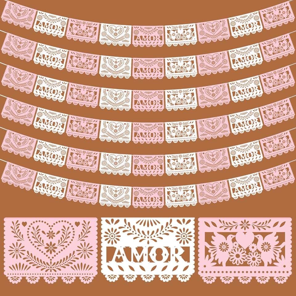 TaoBary 6pcs Mexican Papel Picado Banner 118ft, Pink White, Amor