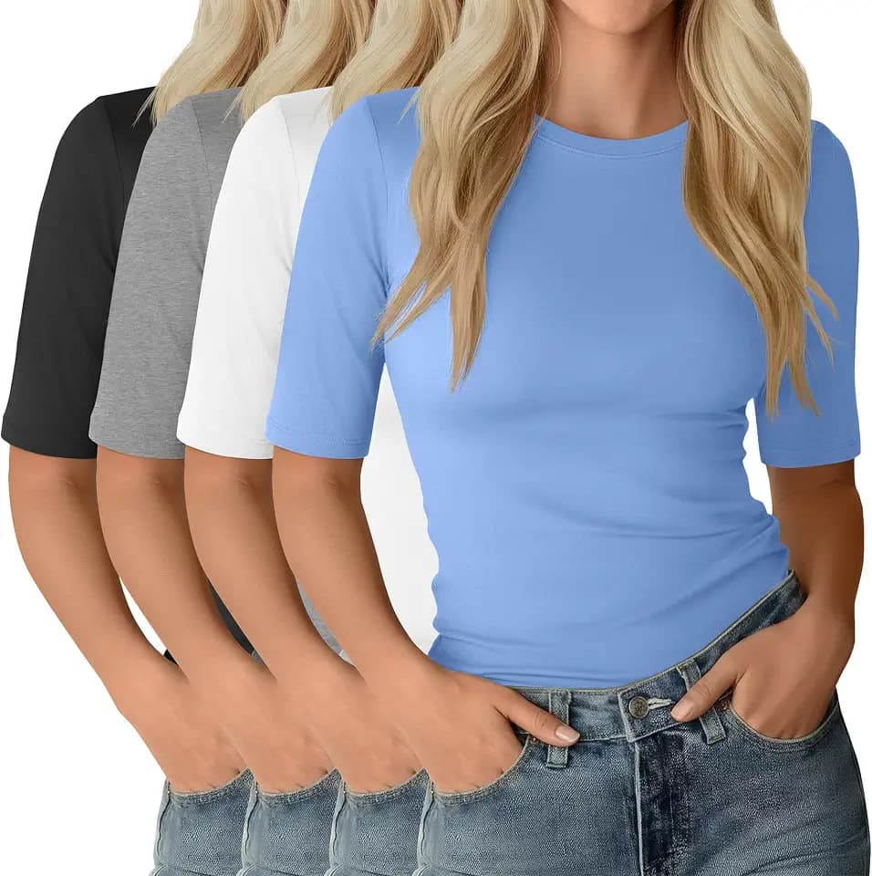 Neer 4 Pack Women's Elbow Length Tops Half Sleeve Fitted Shirts