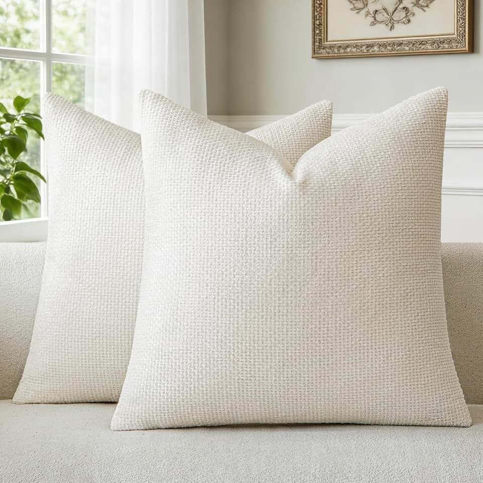 a moment Ivory Chenille Throw Pillow Covers 24x24 Inch Pack of 2 Modern Decorative Throw Pillow Cases Farmhouse Cross Covers Home Decor for Sofa Bedroom Living Room
