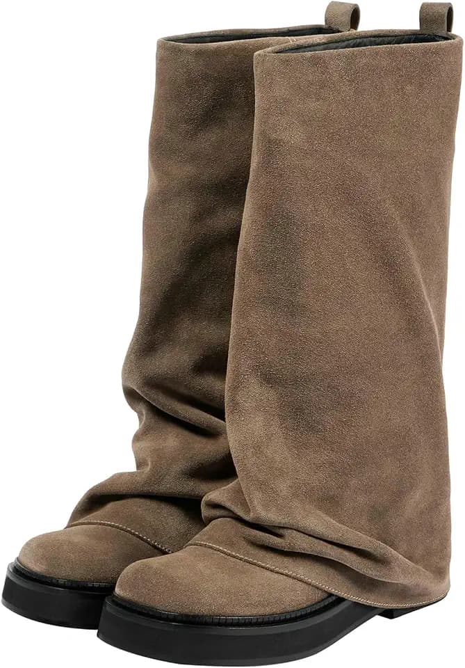 ClassicSter Slouch Fold Over Boots for Women Knee High Moto Boots Low Heel Sloucy Motorcycle Shoes Comfortable Mid Calf Boot