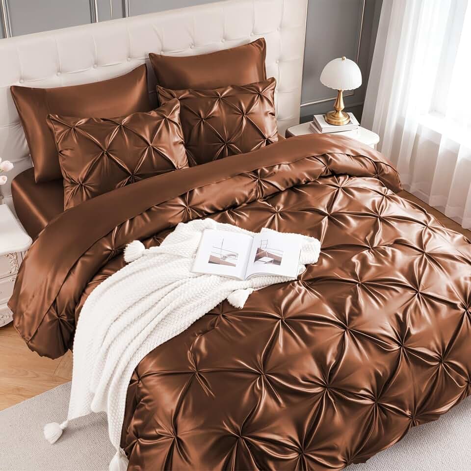 MR&HM Satin Queen Comforter Set Brown, 7-Piece Pintuck Bed in A Bag