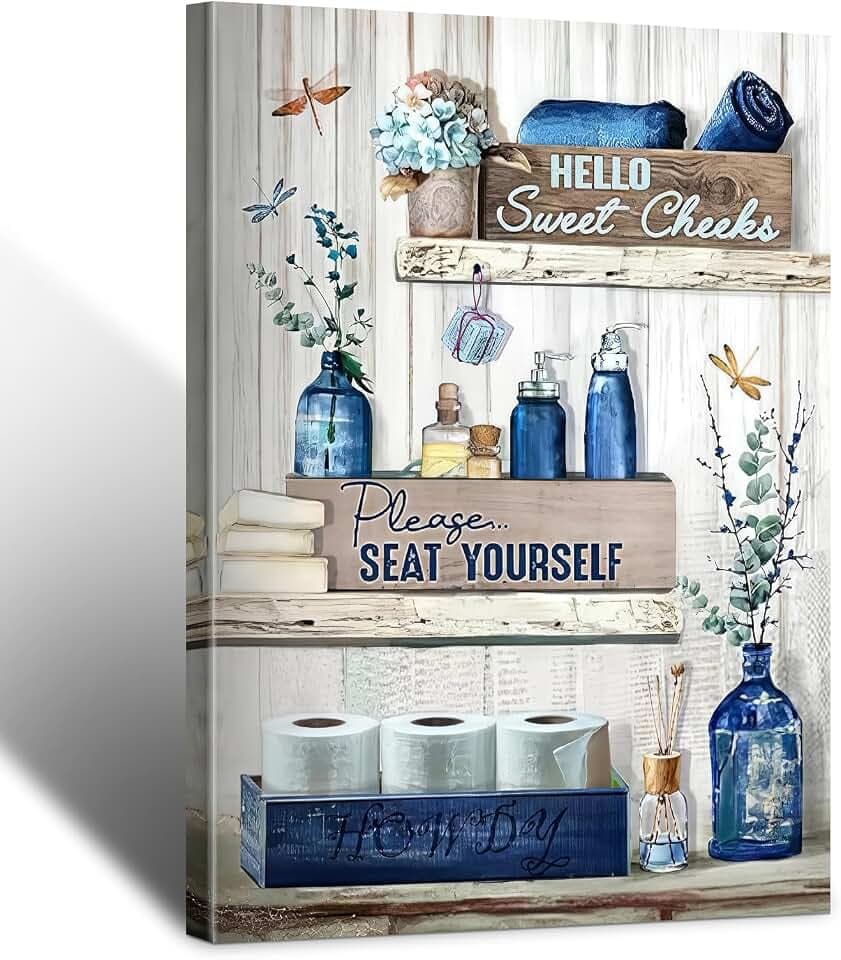 BFKDKG Navy Blue Bathroom Decorative Wall Art Rustic Blue Bathroom Canvas Wall Decorative Please Sit In Your Own Logo Painting Painting Retro Aesthetic Pictures Artwork Decoration (12x16in)