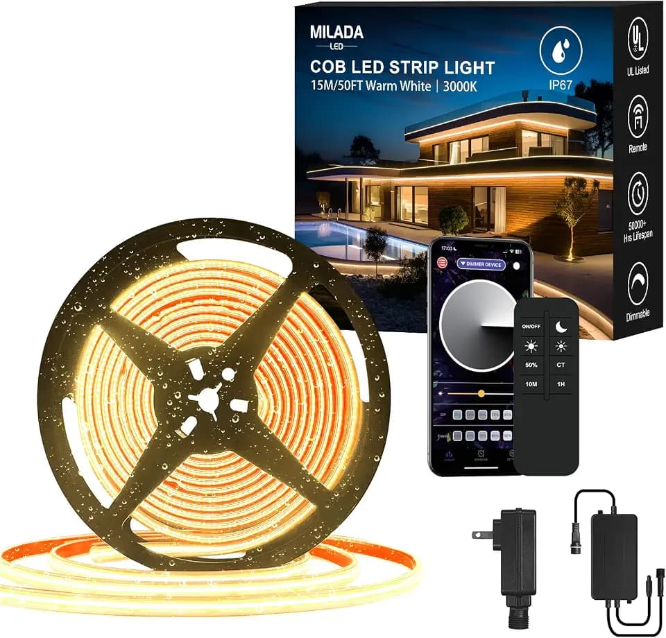 50FT COB LED Strips Light Outdoor Waterproof Warm White 3000K Flexible 24V