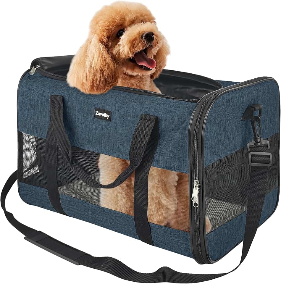 Zavothy Transporttasche für Katzen und Hunde, Transporttasche, atmungsaktiv und faltbar, Transportbox für Katzen mit verstellbarem Schultergurt, Abnehmbare Plüschmatratze (Dunkelblau, L)