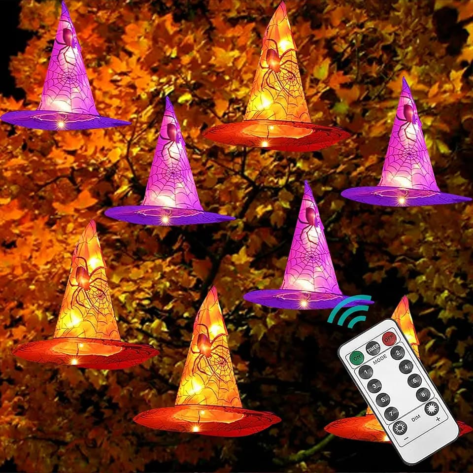 DAZZLE BRIGHT 8 Pcs Hanging Witch Hat String Lights, Light Up Waterproof Halloween Decorations with Remote Control for Outdoor Garden Party Carnival Supplies Decor