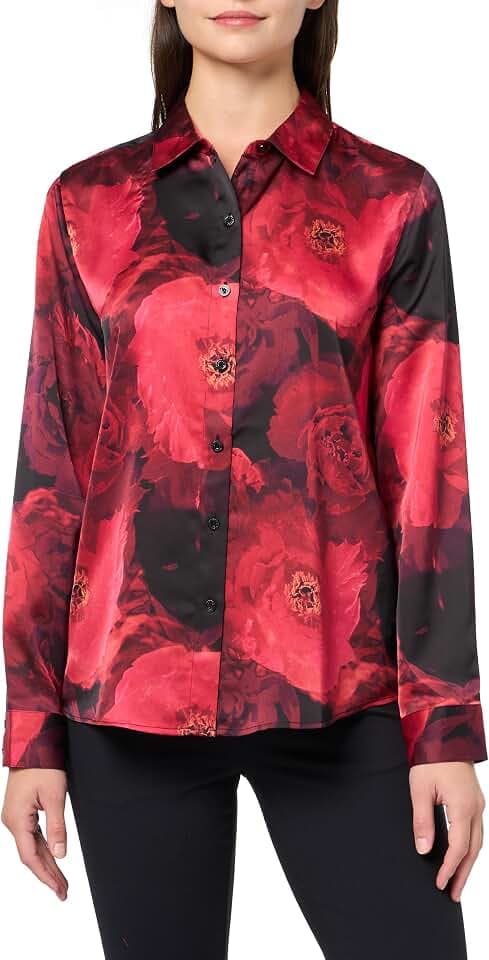 Karl Lagerfeld Women's Long Sleeve Collared Neck Floral Printed Button Down