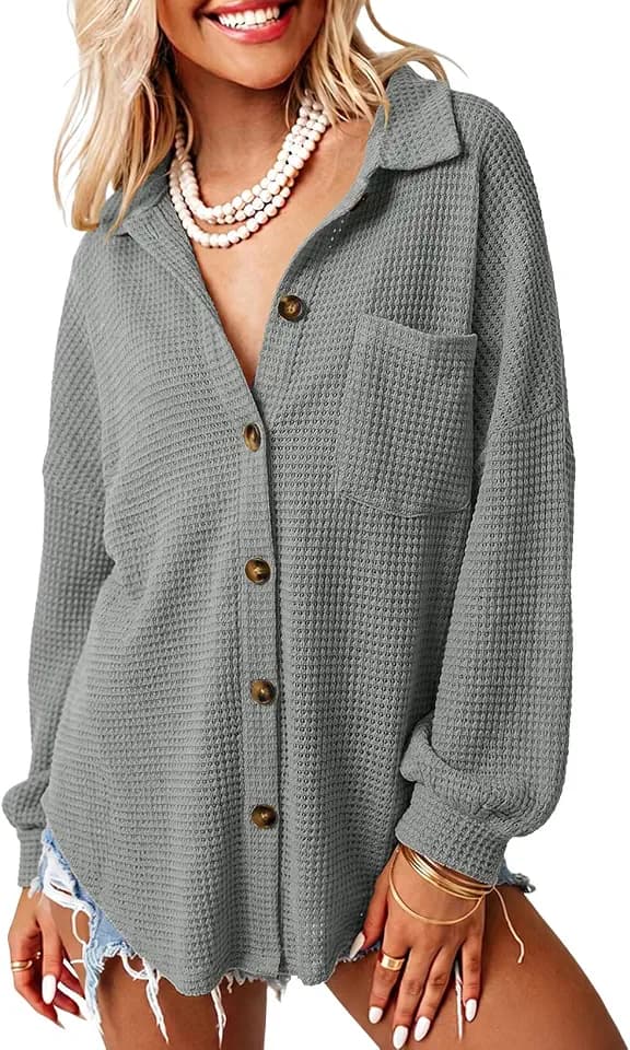 Dokotoo Womens Waffle Knit Shacket Jacket Casual Button Down Shirts Tops