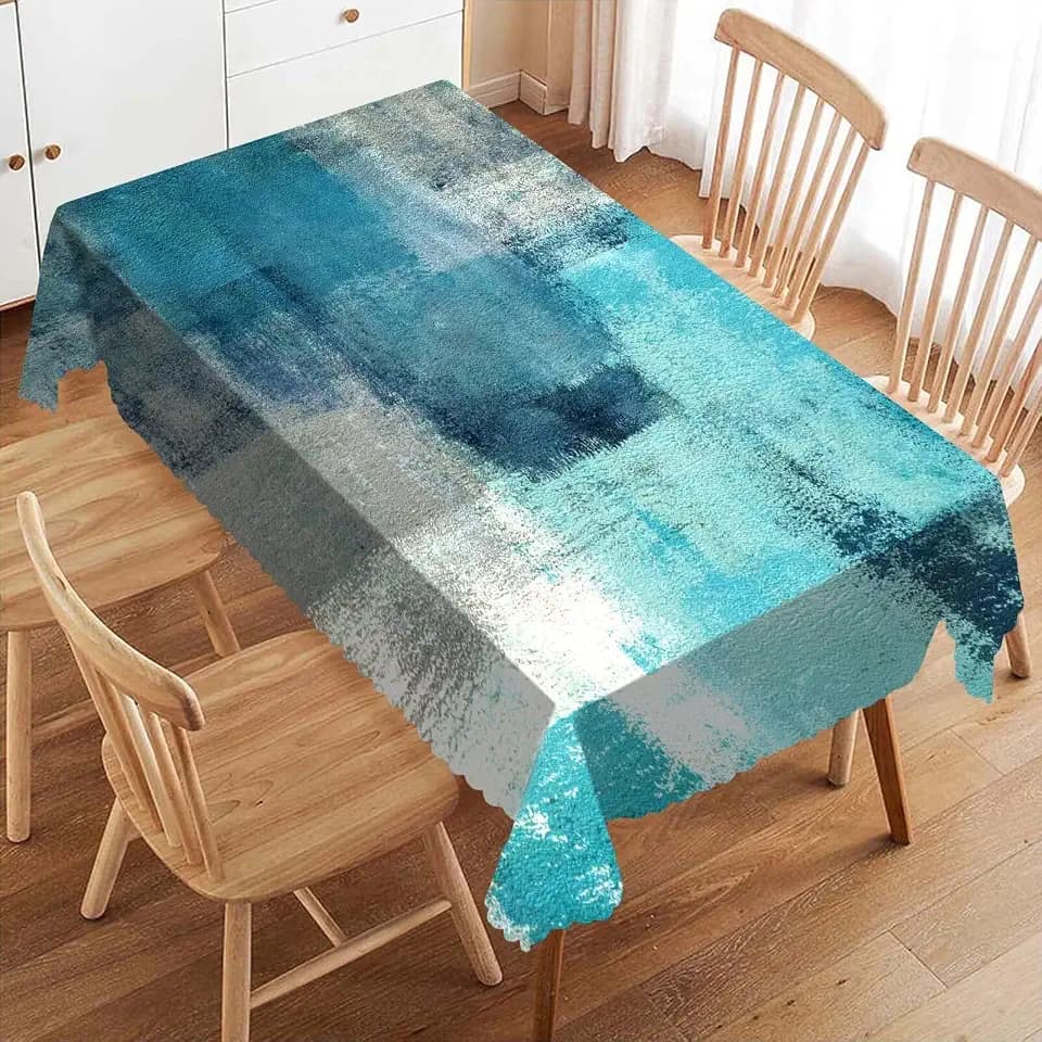 Teal and Grey Abstract Rectangle Tablecloth Washable 54 x 72 Inch