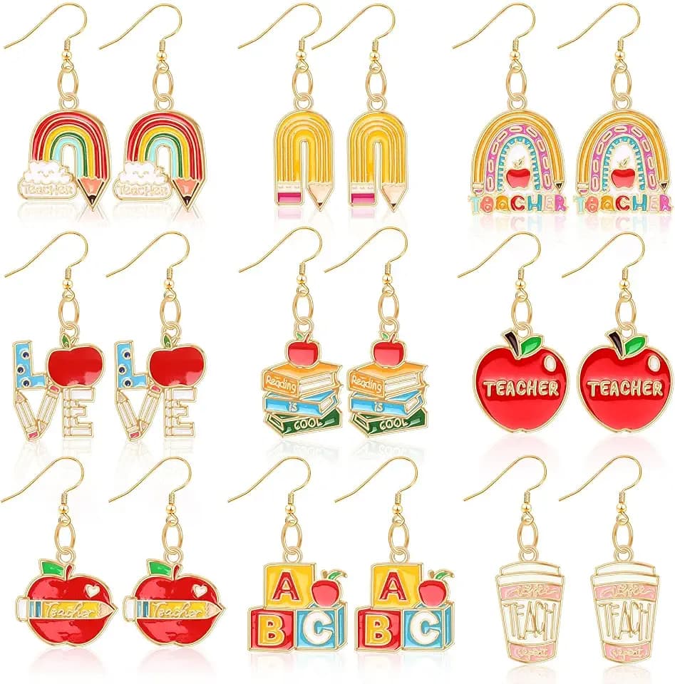 AUGSUN 9 Pairs Teacher Earrings for Women Apple Pencil Book Dangle Earring