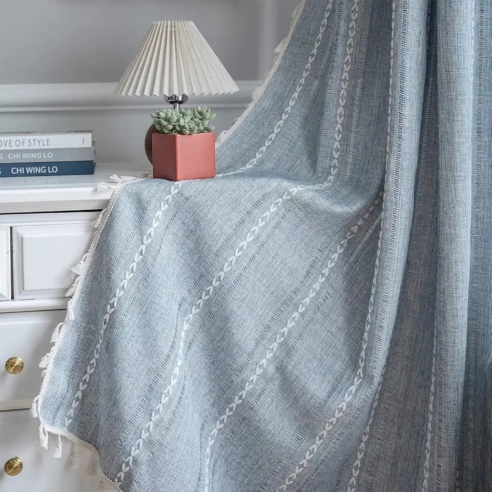 ColorBird Boho Curtains for Bedroom, 96 inch Blue Striped Room Darkening Linen Curtains & Drapes, 2 Panels Embroidered Window Curtain Panels for Dining Living Room Nursery Doorways