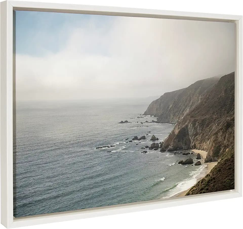 Kate and Laurel Sylvie Wild Coast No 2 Framed Canvas Wall Art by Crystal Lynn Collins; 18x24 White; Scenic Coastal Ocean View Art for Wall