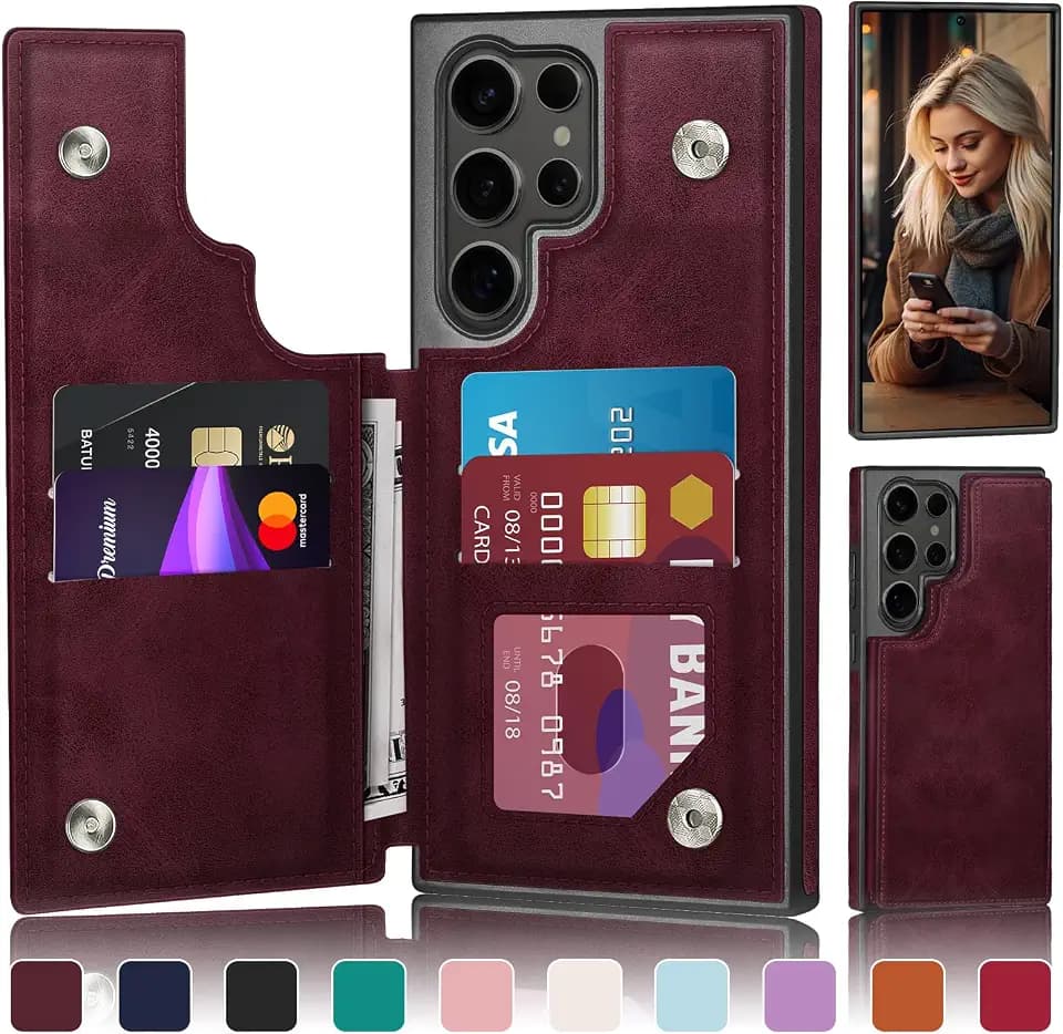 DJDUCK Designed for Samsung Galaxy S24 Ultra Case Wallet with Card Holder, [Magnetic Clasp Cover] [RFID Blocking Leather Protection] Shockproof Women Men Cases for Samsung S24 Ultra Wine Red