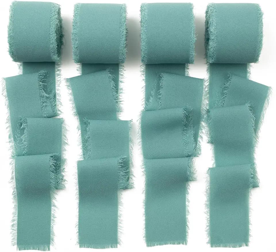Teal Chiffon Ribbon - 1.5 Inch x 40 Yds Dusty Turquoise Boho Frayed Fringe Chiffon Silk Ribbon for Wedding Invitation, Bridal Flower Bouquet, Gift Wrapping