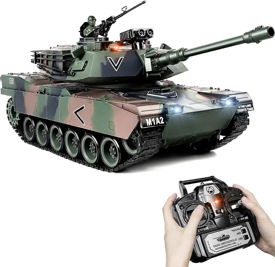 Supdex RC Panzer 1/18 USA M1A2 Abrams Armeegrün, 2.4GHz Panzer Ferngesteuert mit Schussfunktion, WW2 Panzer Modell, Kampfpanzer mit Rauch, Spielzeug mit Licht und Sound für Erwachsene und Kinder