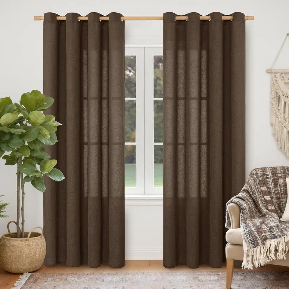 YoungsTex Brown Linen Semi Sheer Curtains 80 Inch Length for Living Room