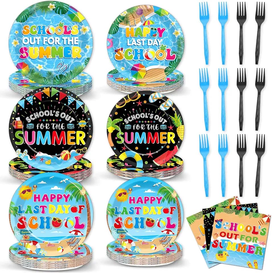 96PCS Schools Out for Summer Paper Plates Napkins Forks Set Last Day of School Disposable Plates Tableware End of Schools Year Dinnerware for Goodbye School Hello Pool Summer Vacation Party Decoration