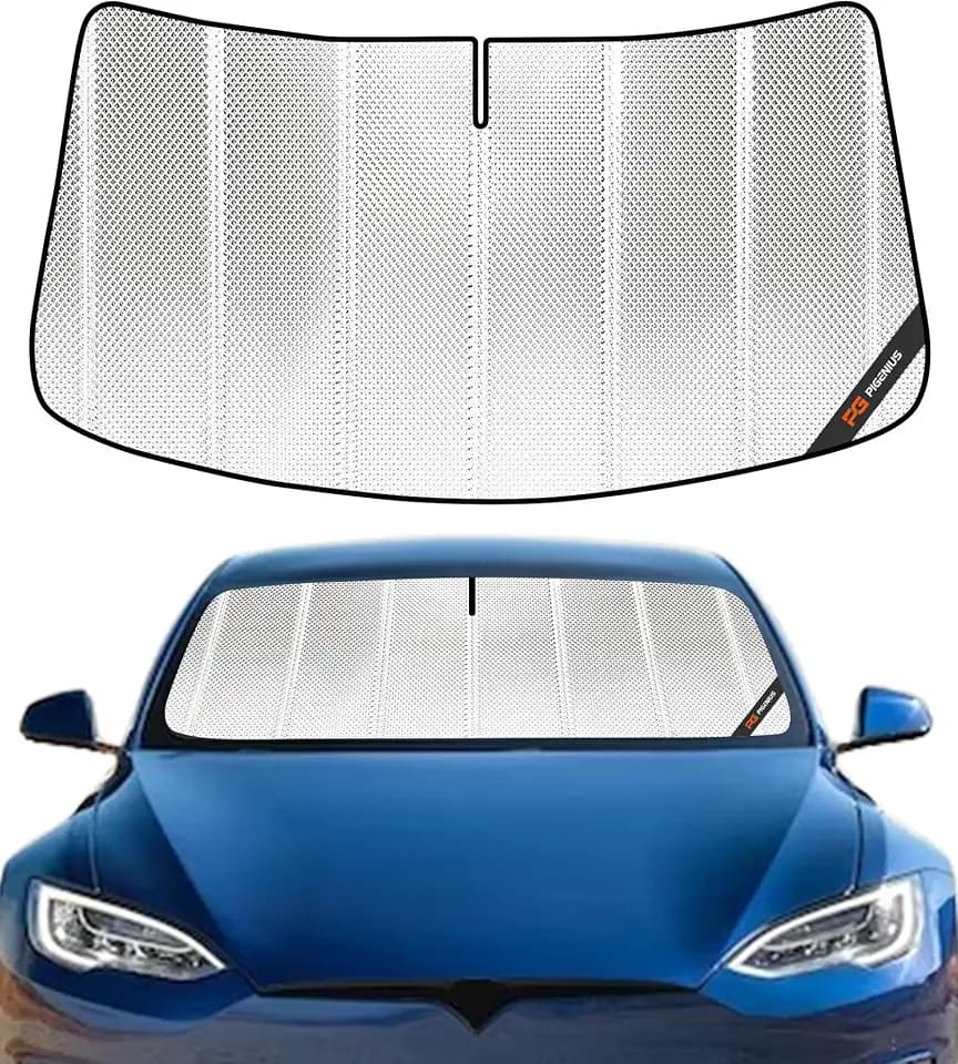 Pigenius Windshield Sun Shade for Tesla Model S 2012-2025. Full Coverage Rearview Mirror Shade for Ultimate Protection