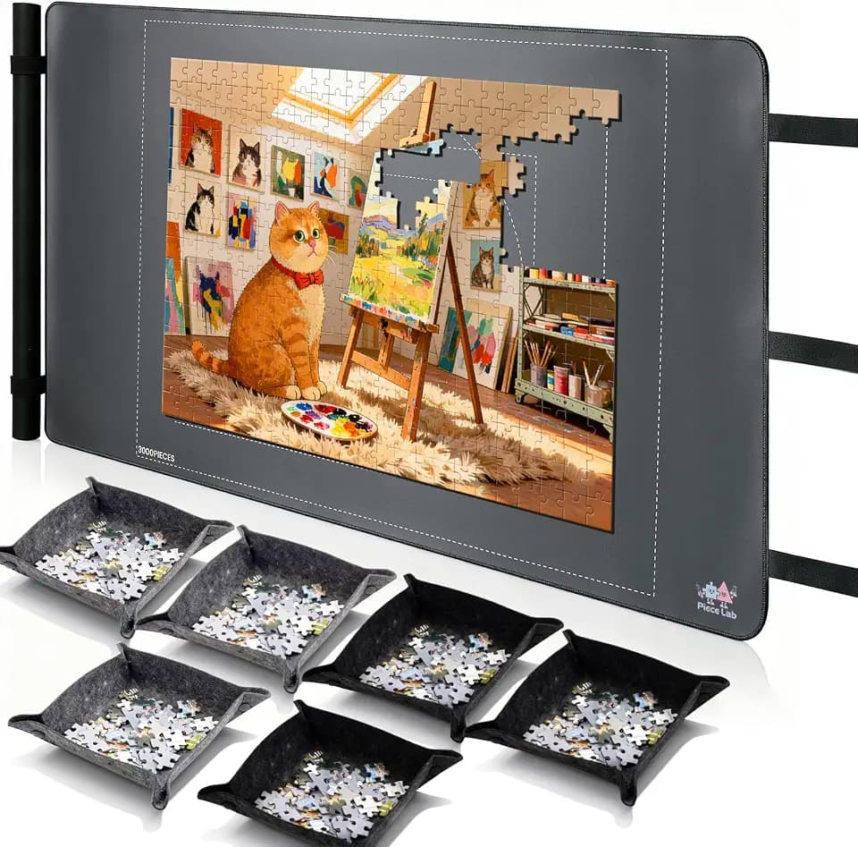 Jigsaw Puzzle Mat Roll Up,Puzzle Storage Saver for 55” x 35.5” Up to 3000 Pieces, Non-Slip Rubber Back & Smooth Polyester Surface with 6 Sorting Trays, Portable Puzzle Pad with Storage Bag for Adults