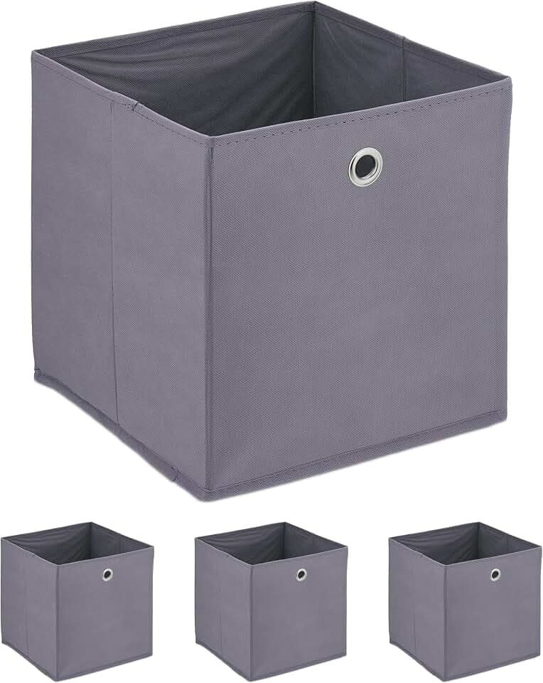 Relaxdays Aufbewahrungsbox 4er Set, Faltbare Regalboxen, HxBxT: 30 x 30 x 30 cm, Grifflöcher, Faltboxen für Regale, grau