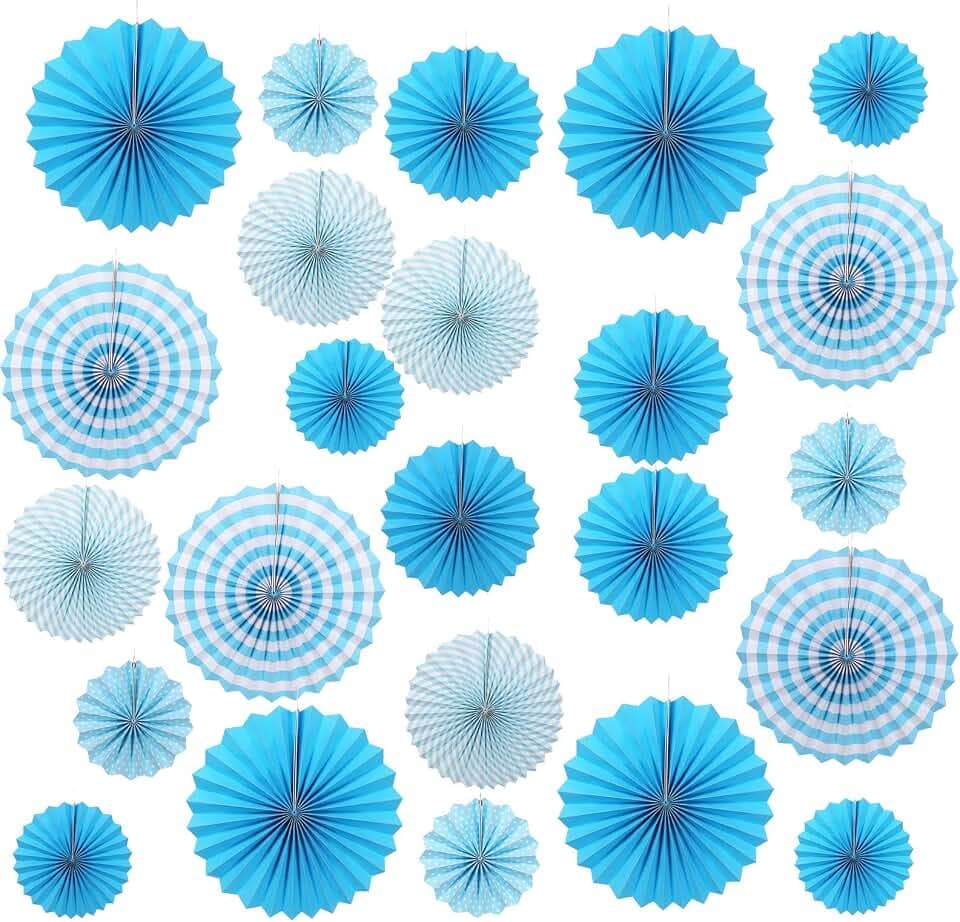 24 Pcs Colorful Hanging Paper Fans Set, Hanging Honeycomb Paper Fans Collection for Birthday, Wedding, Baby Shower Party Decorations (Blue)