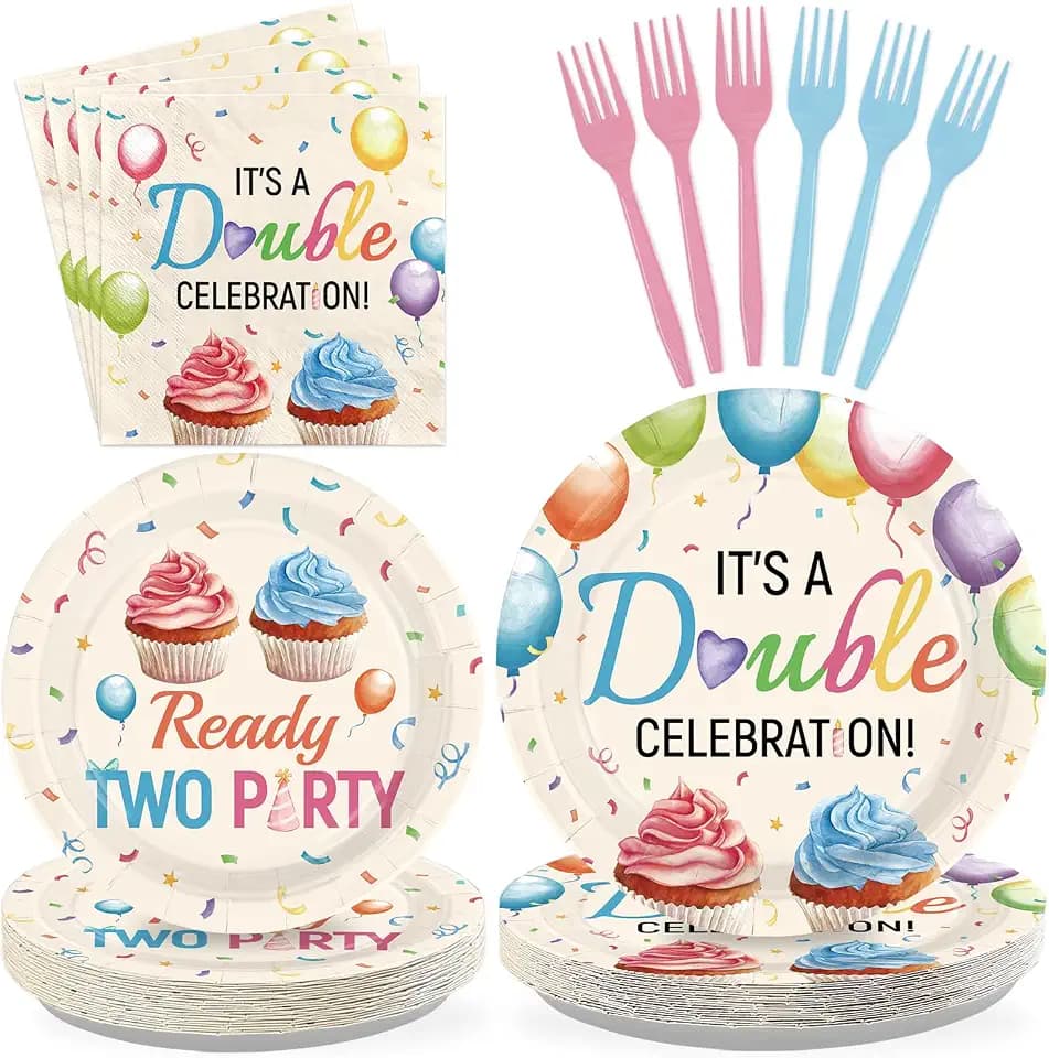 96Pcs Twins Birthday Decorations for Siblings Boy Girl, Serves 24