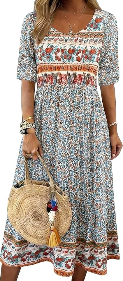 Kubsid Womens Boho Dress Summer Casual 2026 Short Sleeve Loose Fit Floral Maxi Dress Flowy Beach Vintage Sundress Orange Floral M