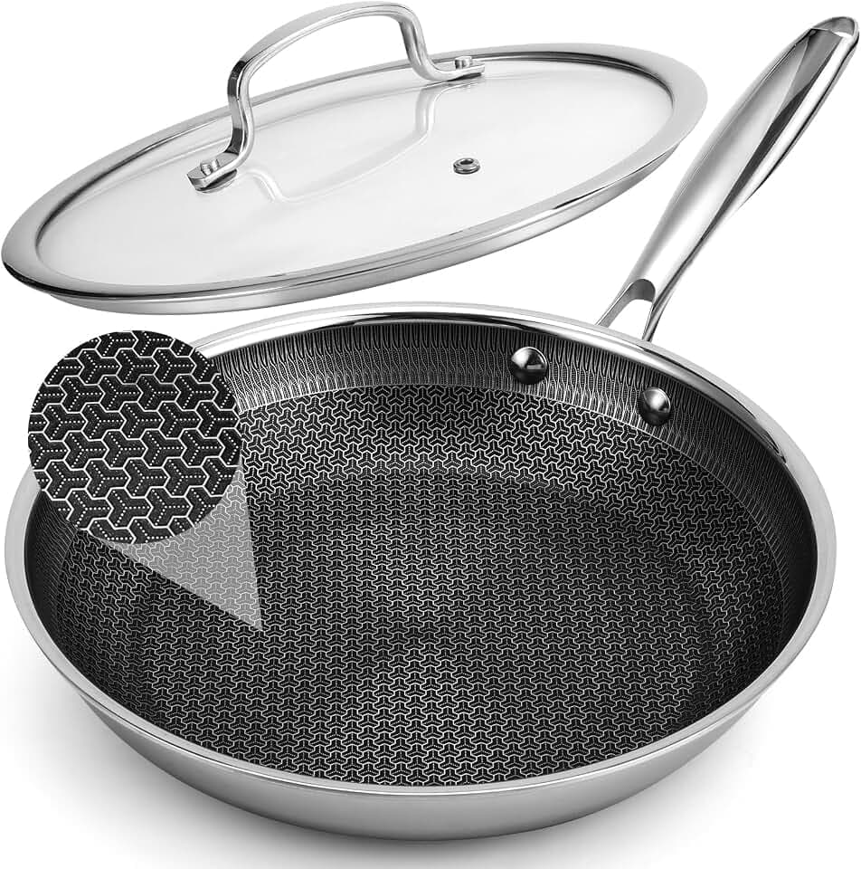 12 Inch Hybrid Non Stick Frying Pan Set Skillet Stainless Steel Skillet Chef's Pan with Matching Lid, PFOA-Free Non-Toxic Cookware, Dishwasher & Oven Safe, Induction Compatible All Cooktop