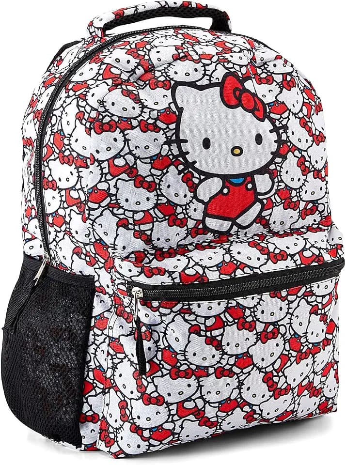 Fast Forward Hello Kitty Allover School Backpack - Hello Kitty, My Melody, Kuromi, Keroppi - Officially Licensed School Bookbag (White)