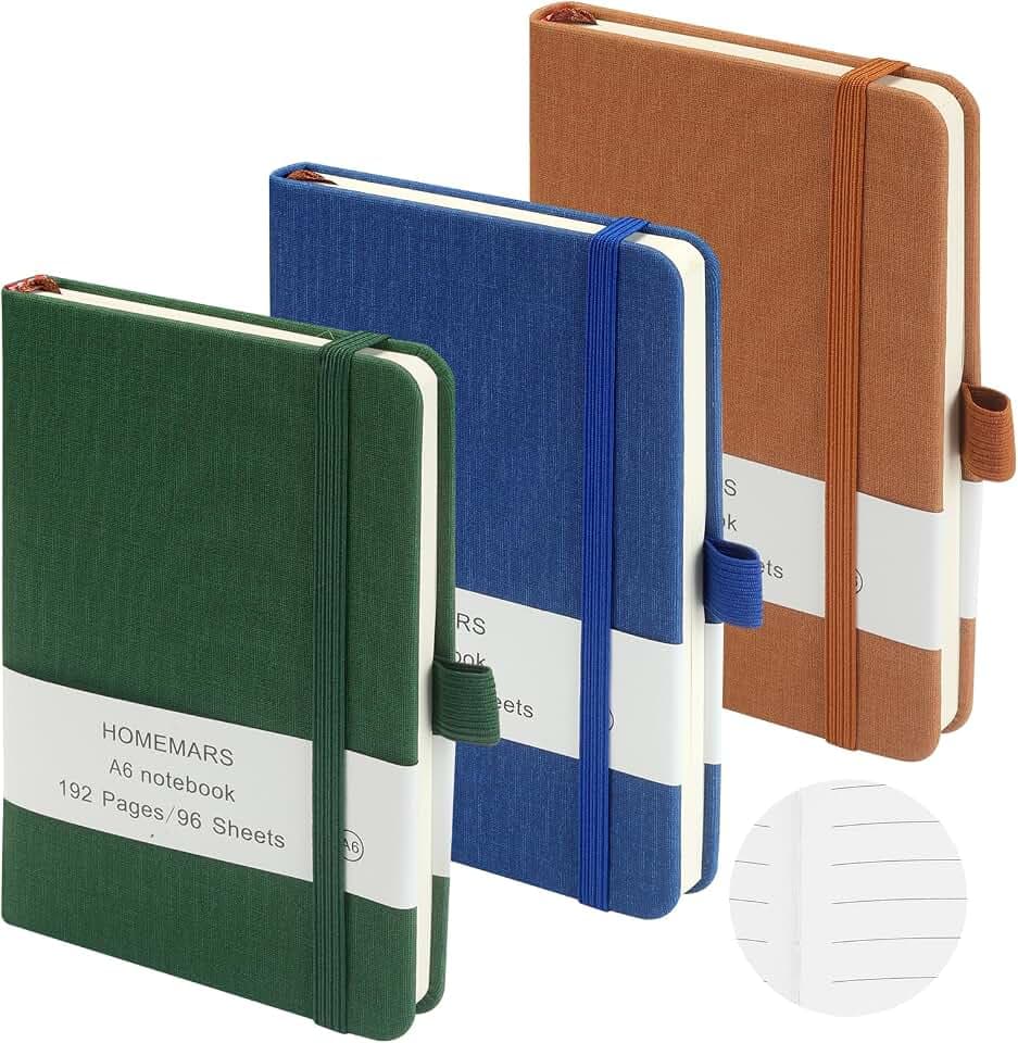 HOMEMARS Notizbuch A6, 3 Stück Notizbücher Set, 14.4cm x 9.6cm Notizblock, 192 Seiten, Notizheft, Notebook, notizbuch klein, notizbuch liniert, Braun Grün Blau