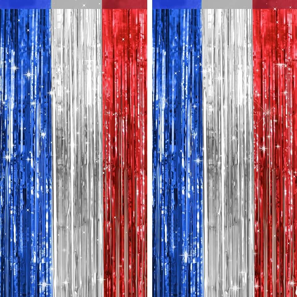 jijAcraft Red White Blue Tinsel Foil Fringe Curtain, 2 Pack 3.2x6.5 Feet Patriotic Party Photo Backdrop Streamers for 4th of July Memorial Day Labor Day 250th Anniversary Streamer Decor
