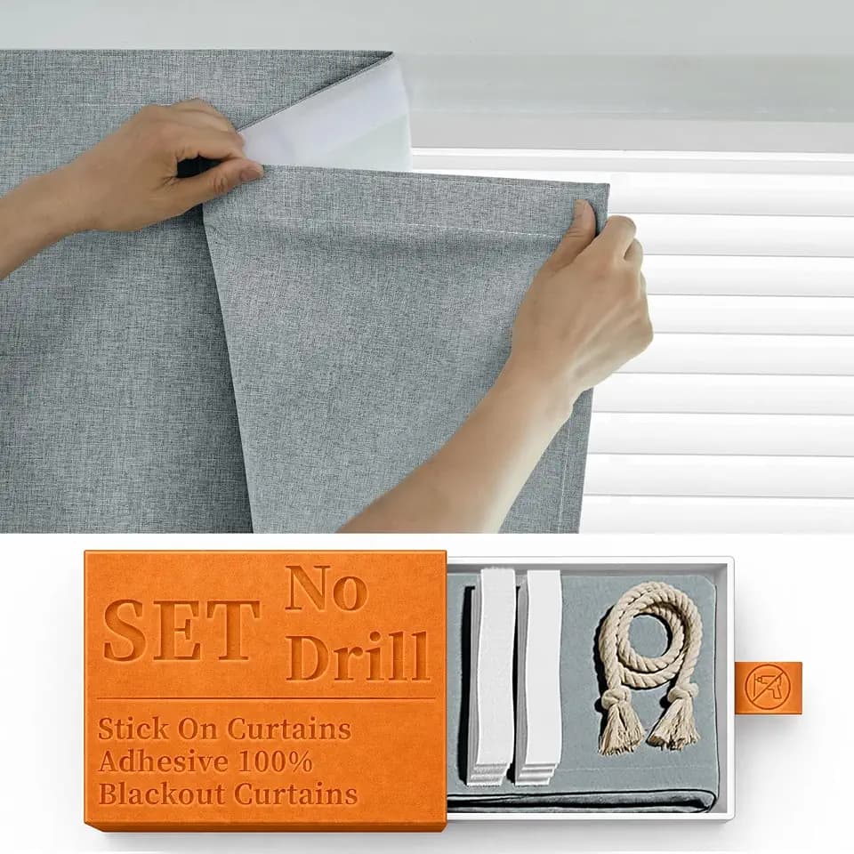 100% Blackout Curtains for Bedroom Stick On Curtain Window Shades Pull Down Blackout Window Cover No Drillng Self Adhesive Curtains No Rod Small Windows, W46 x L72 inch, 1 Panel, Light Grey