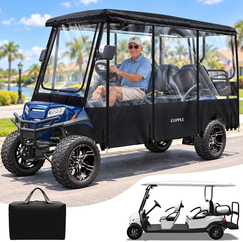 Golf Cart Enclosure 4 6 Passenger Fits for ICON, EZGO, Club Car, Yamaha, Extended Long Roof, 600D Golf Cart Rain Cover, All-Weather Rain Enclosure with Side Mirror Opening