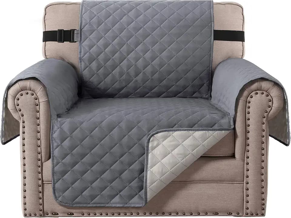 1 Sitzer Bezug Stuhl Schonbezug Rutschfeste Sofaüberzug Möbelschutz, Baumwollähnliches Material, 5 cm dicke Riemen, Perfekt für Kinder, Hunde, Katzen, Haustiere (Stuhl / Einsitzer Grau / Beige)