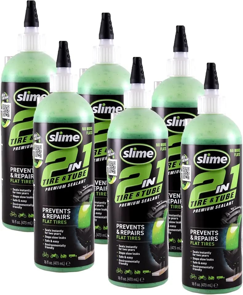 Slime 10193-6PK 2-in-1 Tire and Tube Sealant Puncture Repair Sealant, Premium, Prevent and Repair, Suitable for Non-Highway Tires and Tubes, Non-Toxic, Eco-Friendly, 6 x 16oz Bottles