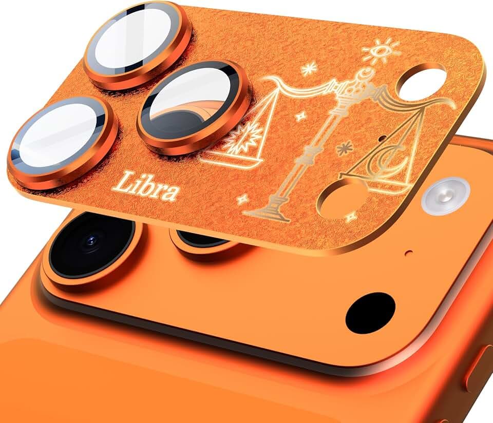 Compatible for iPhone 17 Pro Max Camera Lens Protector, Libra Pattern, Drop Protection, Anti Scratch Full-Coverage, AR 360-Degree Protection, Camera Transmfttance HD, Easy Installation, Orange