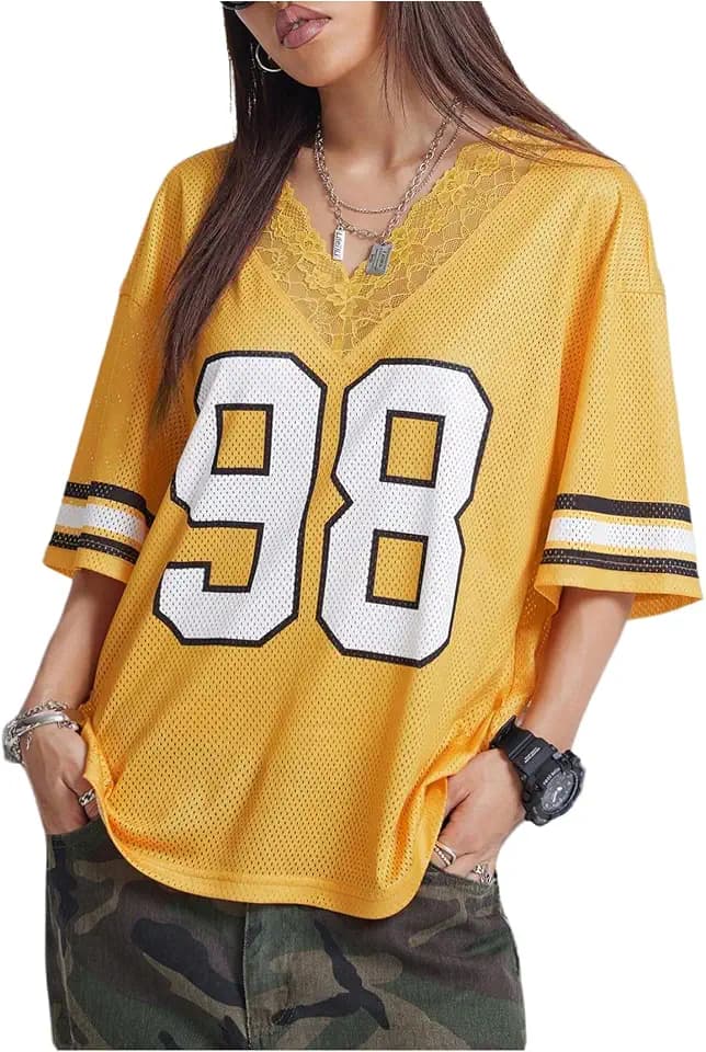 Floerns Women's Y2k Number Jersey Shirt Lace Trim Half Sleeve Oversized T Shirts