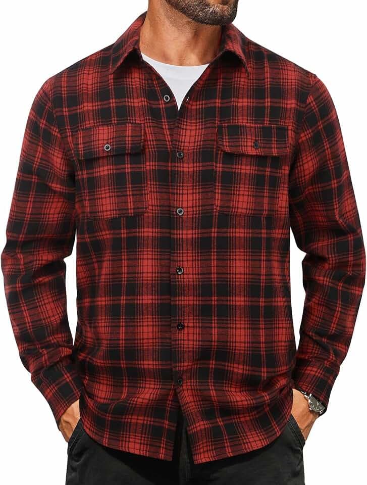 COOFANDY Mens Flannel Shirts Long Sleeve Plaid Button Down Shirt Cotton Casual Work Shirts with Pockets