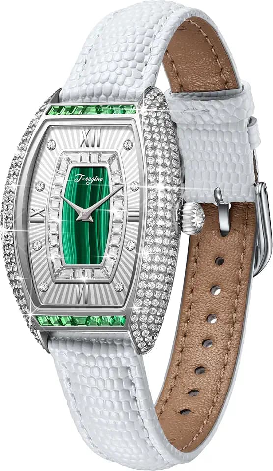 Luxury Women's Watch with Diamond Inlay, Multi-Colored Zircon Accents, Sapphire Glass Face, Genuine Leather Strap - Elegant Women's Wrist Watch