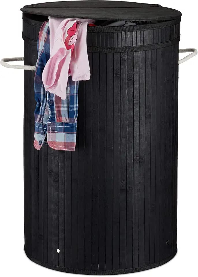 Relaxdays Wäschekorb Bambus, runder Wäschesammler mit Klappdeckel, 65 l, faltbare Wäschetonne, rund Ø 40 cm, Farbwahl