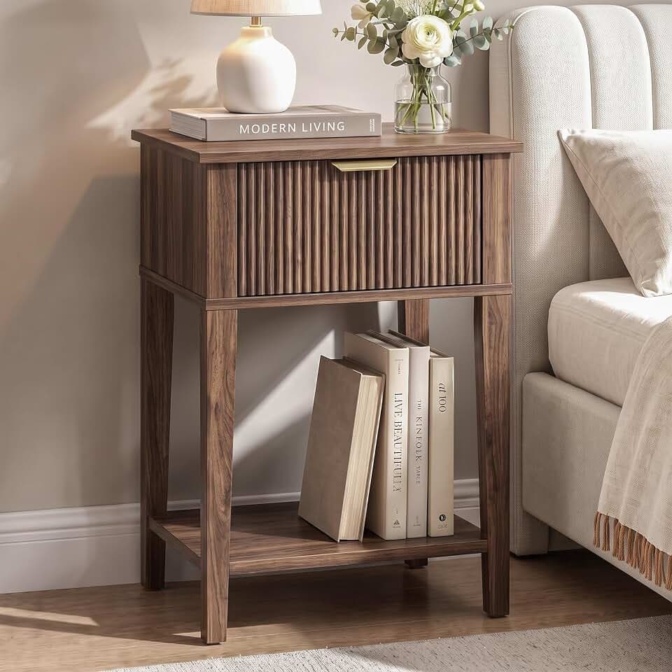 Small Nightstand, 15" Wide,Drawer and Shelf,Dark Walnut Fluted