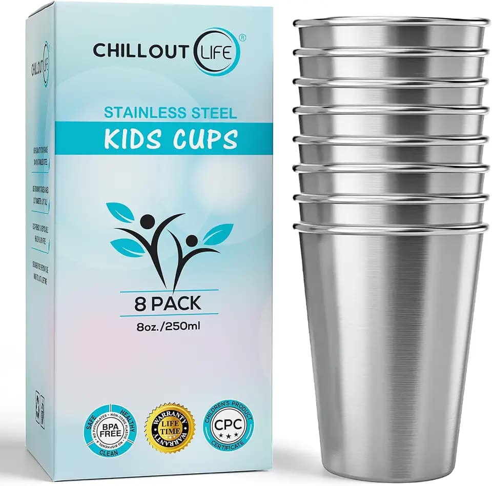 CHILLOUT LIFE Stainless Steel Kids Cups 8 oz - Stainless Steel Small Children Cups for Home & Outdoor Activities, BPA Free Unbreakable Premium Stackable Metal Drinking Glasses (8-Pack)