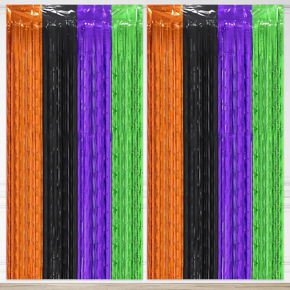 2 Pack Halloween Foil Fringe Curtains, 3.3×6.6 ft Orange Black Purple Green Metallic Hanging Streamers for Halloween Party Decorations, Trick or Treat Backdrop, Haunted House and Photo Booth Supplies