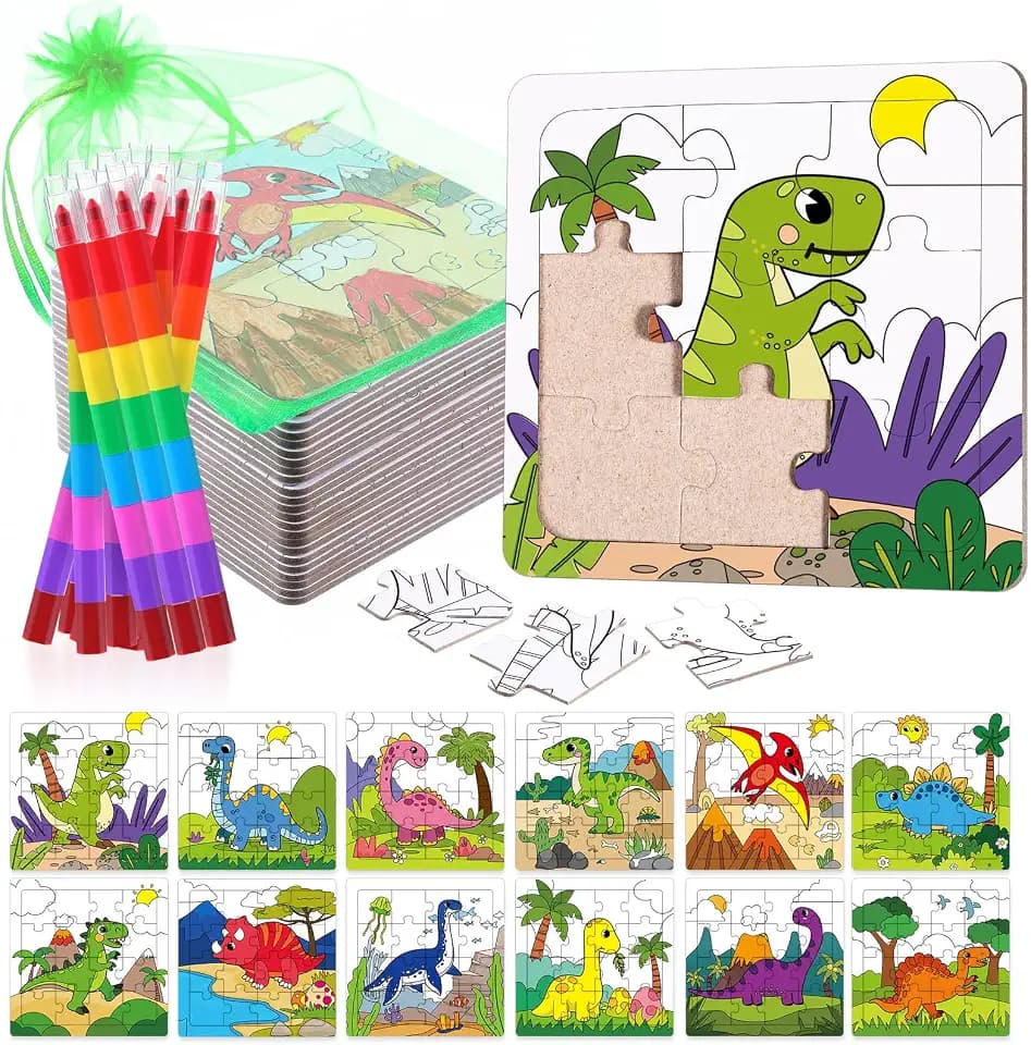 Fullhawl 12 Sets Dinosaur Puzzles for Dinosaur Theme Color Your Own Puzzles DIY Dino Jigsaw Crafts with 12 Stackable Crayons and 12 Bags for Tropical Jungle Gifts Birthday Party Supplies Favors