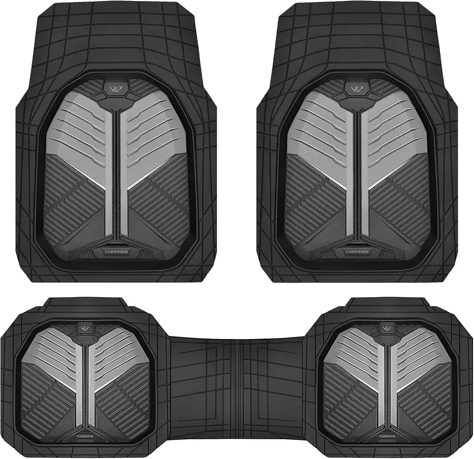 CAR PASS Heavy Duty Rubber Car Mats, Deep-Dish Car Floor Mats All Weather, Universal Two-Tone Trim-to-Fit for SUVs Trucks Sedans, Waterproof Anti-Slip, 3 Pieces V12 Black and Metallic Gray