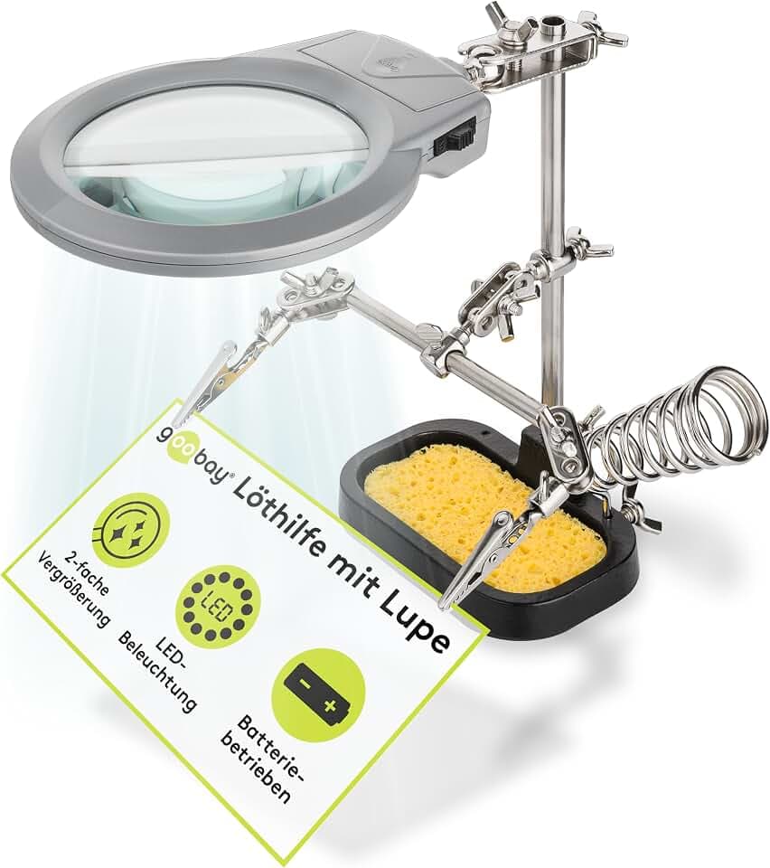 goobay 51226 Löthlife dritte Hand mit Lupe und Lötkolbenhalter die Ideale Hilfe für alle filigranen Lötarbeiten,schwarz